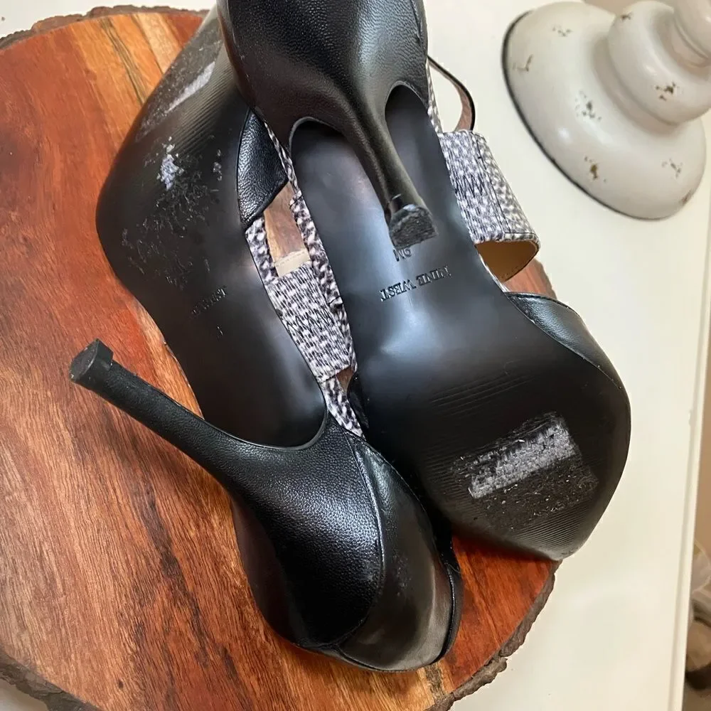 NINE WEST 9 BRYTANI Leather Black Mob Wife Animal Print Dress Pump Heels